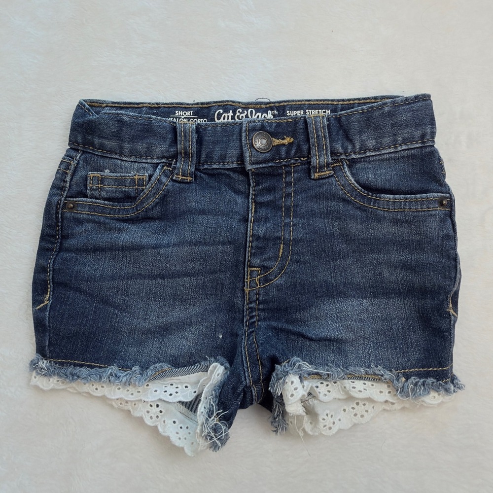 Cat & Jack Denim Shorts Toddler Girls 2T Blue Excellent Eyelet Lace Trim Frayed